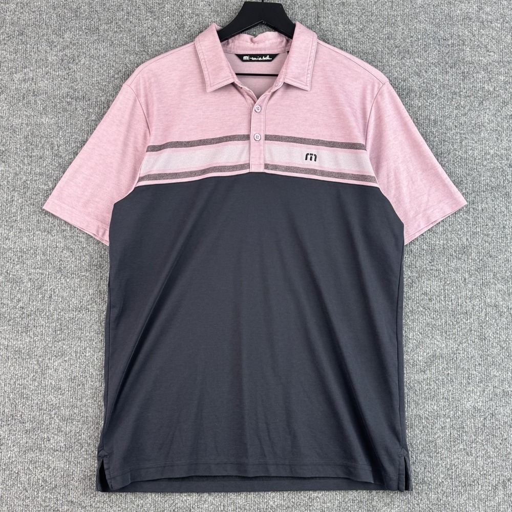 TravisMathew Performance Polo Shirt Mens L Pink Stripe Golf Casual Short Sleeve